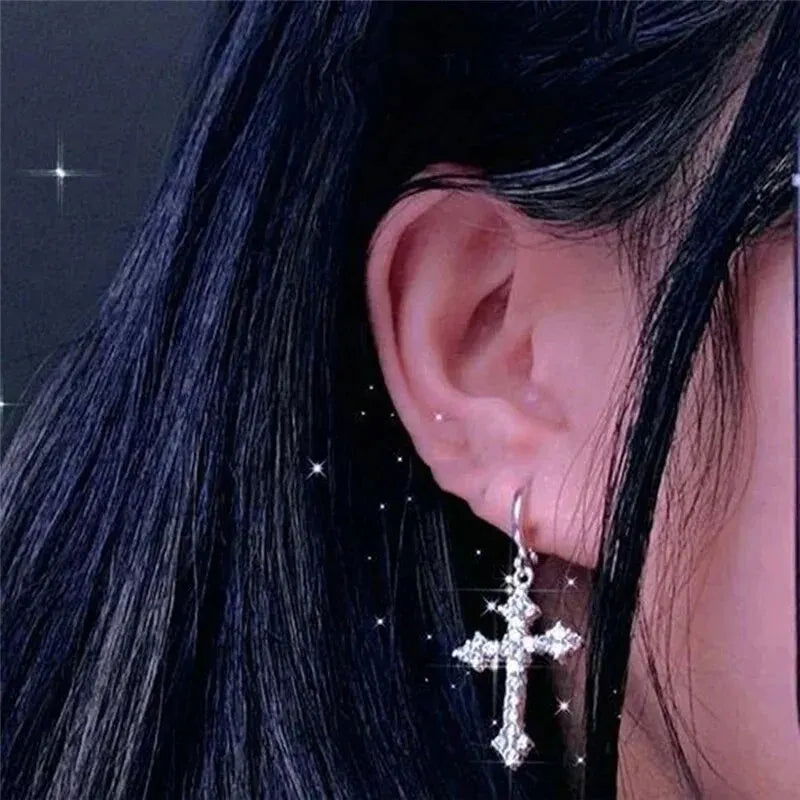 Silver Color Metal Cross Drop Earring Clear Crystal Stone Cross Dangle Earrings Sparkling Girls Evening Earring Jewelry - forbiddengemstones.com