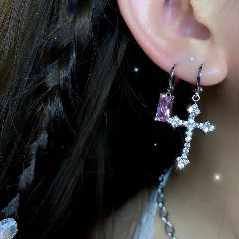 Silver Color Metal Cross Drop Earring Clear Crystal Stone Cross Dangle Earrings Sparkling Girls Evening Earring Jewelry - forbiddengemstones.com